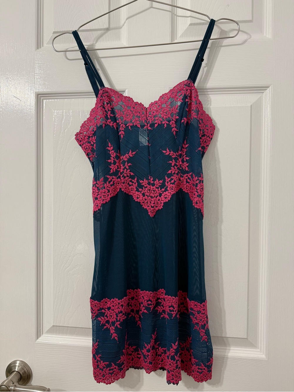 NWOT Wacoal Navy Chemise with Pink Floral Lace Trim